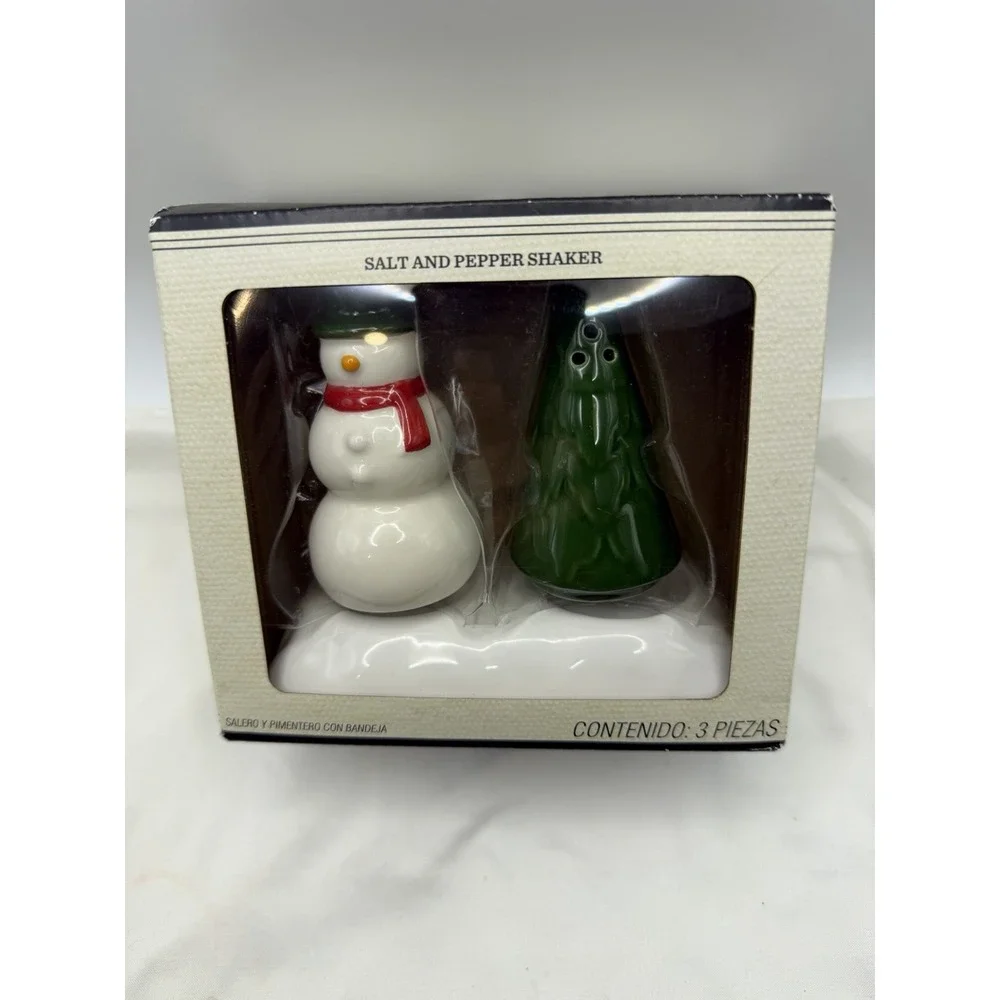 Bee & Willow Winter Snowman Salt & Pepper Shaker w/ Tray 3 Piece Set Tree Snow